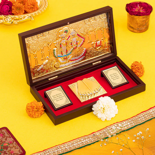 24 Karat Gold Coated Radha Krishna with Charan Paduka (Pocket Temple)